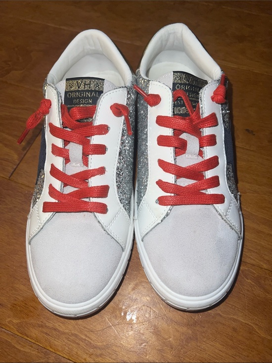 vintage haven Shoes - Women’s White Sneakers with Silver Glitter & Red Laces